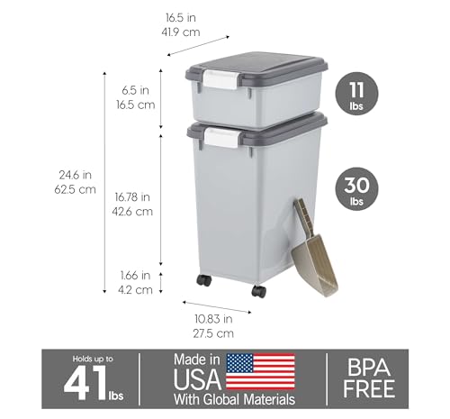 IRIS USA Dog Food Storage Container, 30 lbs & 11 lbs Combo, Cat Food Storage Container, Dog Treat Container, Airtight, Stackable, 2-Cup Scoop, Wheels, Easy Mobility, Gray - color: Gray/Dark Gray