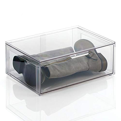 mDesign Plastic Stackable Closet Storage Organizer Bin Containers with Front Pull Drawer for Cabinet, Desk, Shelf, Cupboard, or Dresser Organization - Lumiere Collection - Clear - size: 16 x 12 x 6 (Pack of 1)