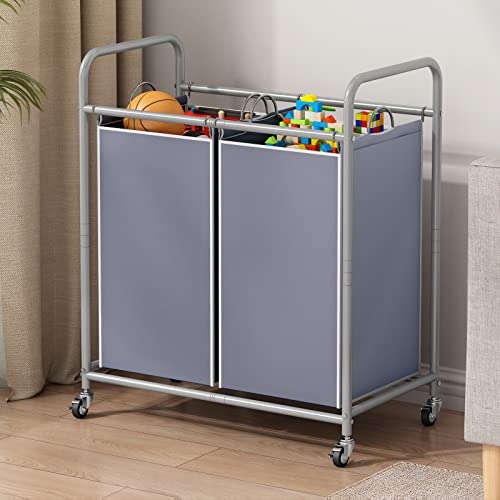 SUOERNUO Laundry Sorter Basket 2 Bag Laundry Hamper Cart with Rolling Lockable Wheels and Removable Bags Laundry Organizer Cart for Clothes Storage, Grey - color: Grey, size: 2 Bags