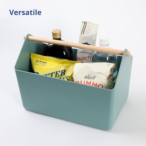 BLUE GINKGO Large Storage Basket – Plastic Caddy with Wooden Handle for Bathroom, Pantry, or Cleaning Supplies (Green) - color: GREEN, size: Large