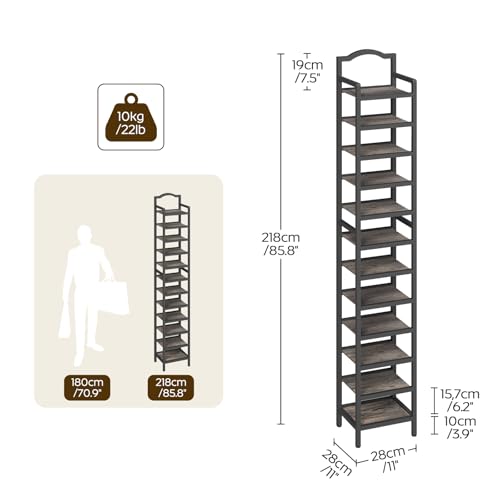 YATINEY 12-Tier Tall Shoe Rack, Vertical Shoe Organizer for Small Spaces, Wooden Shoe Shelf for Entryway, Space Saving Shoe Storage, Holds 12 Pairs of Shoes, Charcoal Gray and Black SS52BC - color: Charcoal + Black, size: 11" x 11" x 85.8"