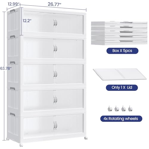 150GAL Plastic Storage Bins with Lid, 600QT Extra Large Stackable Closet Organizers and Storage, Collapsible Storage Boxes with Wheels, Folding Cabinet for Home Kitchen Office, 5Pack White - color: 30Gal-White, style: 5Pack