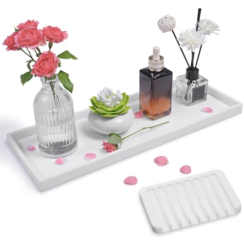 Bloss Counter Tray Set for Bathroom/Kitchen - 15.7" Silicone Tray for Kitchen Countertop, Soap and Sponge Holder, Bathroom Vanity Traty for Perfume,Jewelry,Candle,Key Tray - color: White, size: 15.7" x 5.9" x 0.9"