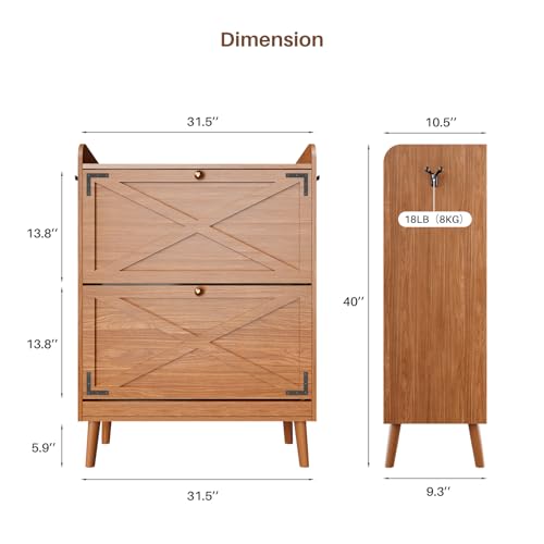 Shoe Storage Cabinet with 2 Flip Drawers, Entryway Shoe Cabinet with 2 Metal Hooks & Adjustable Shelves Freestanding Shoe Organizer Narrow Shoe Rack for Entrance Hallway Foyer Front Door,Walnut - color: Walnut