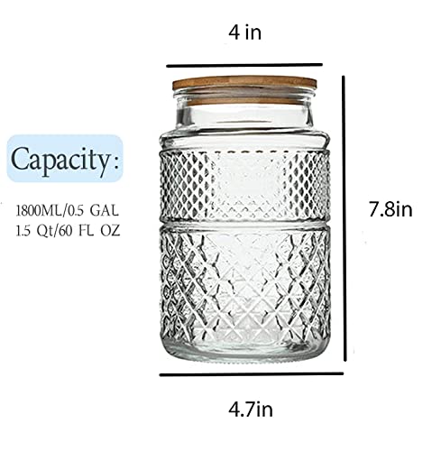 Large Glass Storage Jar, 2 Pack 60 FL OZ Glass Food Storage Containers with Bamboo Lid, Kitchen Laundry Room Organization Decorative Jar for Candy Cookies Coffee Beans Flour Nuts Airtight Glass Jars