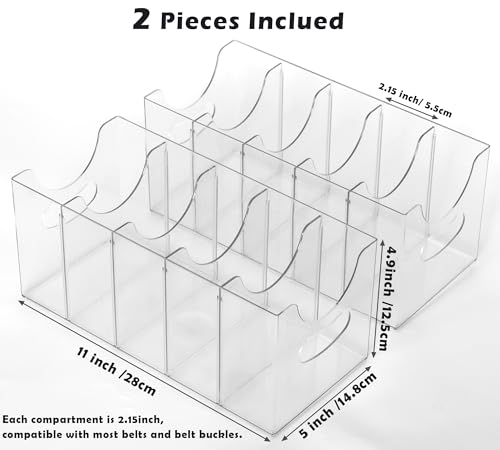 Belt Organizer - 2 Pack Clear Stackable Belt holder For Closet Drawer Storage - 5 Compartments with Removable Dividers, Multi-Purpose Display Bins With Inserts For Ties,Socks,underwear (2)