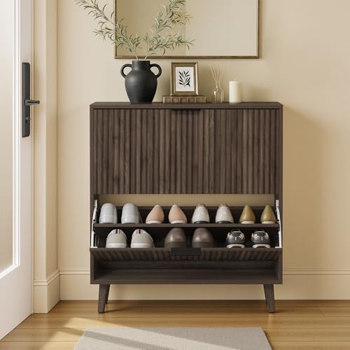 VASAGLE MAXE Collection - Shoe Storage Cabinet with 2 Flip Drawers, Freestanding Narrow Shoe Rack Organizer for Entryway, Fluted Doors, Fits 12-16 Pairs, Mid Century Modern, Walnut Brown UHSC202KF02S - color: Walnut Brown, size: 9.4"D x 34.2"H, style: 3 F