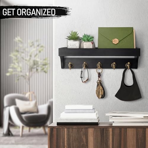 Rebee Vision Key Holder for Wall with Shelf : Decorative Key Organizer with 5 Rustic Keys Hooks and Primitive Wood Mail Organizer Wall Mount - Entryway Décor (Black) - color: Black