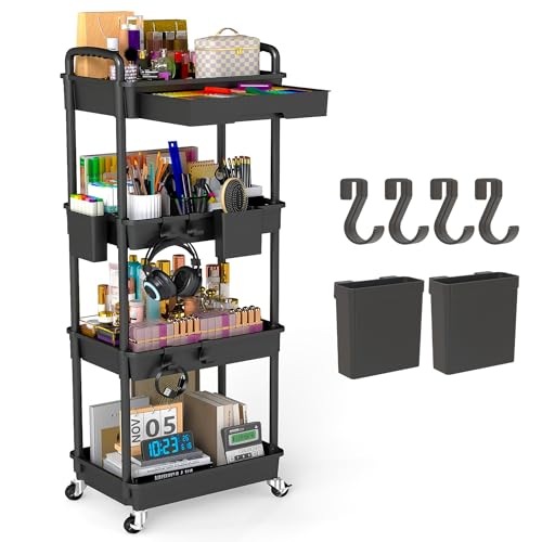 4 Tier Rolling Utility Cart with Drawer, Plastic Storage Organizer Rolling Carts with Wheels Handles Hanging Cups Hooks for Office, Bathroom, Kitchen,Craft Art Room (Black) - color: Black, size: 4-Tier