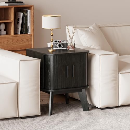 Fluted Nightstand with Sliding Tambour Doors, Curved Edge Wood Bedside Table for Bedroom, Side Tables with Storage for Living Room (1, Square - Black) - color: Square - Black
