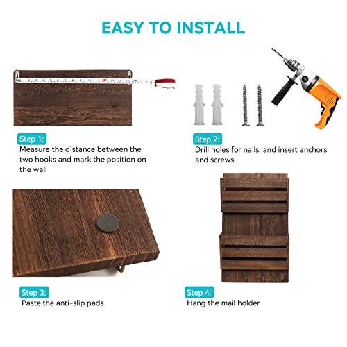 Mail Organizer Wall Mount with 4 Key Hooks, Rustic Wooden Hanging Mail Sorter Farmhouse Key Holder for Wall Decoration, 2-Slot Wall File and Magazines Bill Letter Holder (Brown) - color: Brown