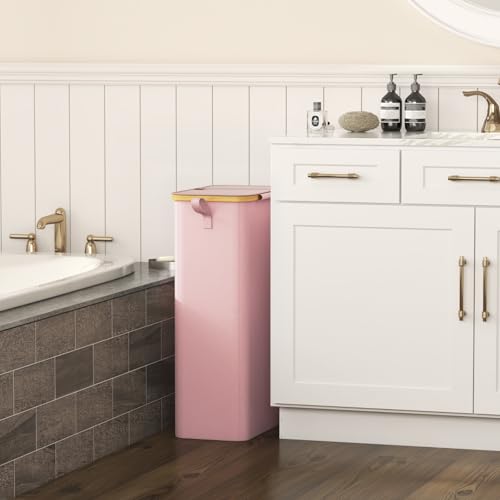 Lifewit 75L Slim Laundry Hamper with Lid, Narrow Laundry Basket with Removable Bag & Bamboo Handles, Fodable Thin Dirty Clothes Hamper for Laundry Collapsible Bin for Bathroom Bedroom Dorm, Pink - color: Pink, size: 75L