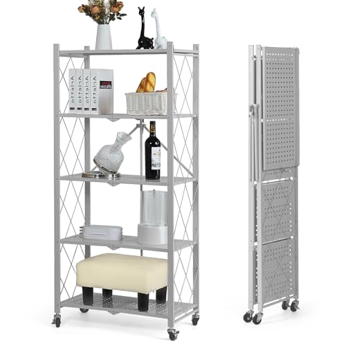 BRIAN & DANY 5-Tier Foldable Storage Shelves with Wheels, Folding Metal Rack Shelving Unit, Heavy Duty No Assembly Organizer Shelf for Garage, Kitchen, Basement, Pantry, Gray - color: Grey, size: 5-tier
