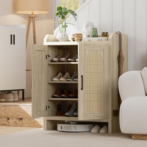 Mericonia Shoe Cabinet Storage for Entryway, Rattan Storage Cabinet, Wooden Shoe Rack with Doors, Farmhouse Boho Wood Shoe Organizer Cabinet for Hallway (Oak) - color: Oak, size: 5-tier