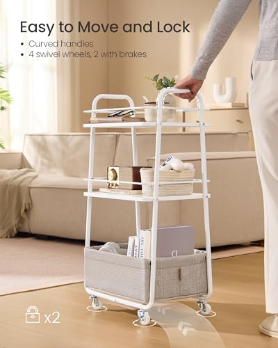 VASAGLE LILEA Collection - Storage Cart with Fabric Basket, 3-Tier Rolling Utility Cart with Wheels and Shelves, for Living Room Bedroom Kitchen, Cloud White and Camel Brown ULRC001WB01 - color: Cloud White + Camel Brown, style: 16.9"D x 11.8"W x 31.9"H
