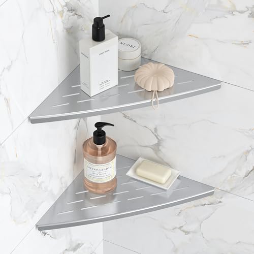 Qeke Corner Shower Shelf Brushed Nickel, 304 Stainless Steel 11.5” Recessed Corner Shelf Bathroom for Tiled Wall, Floating Shower Shelves Shampoo Holder, No Drilling, 2 Pack - color: Brushed Nickel
