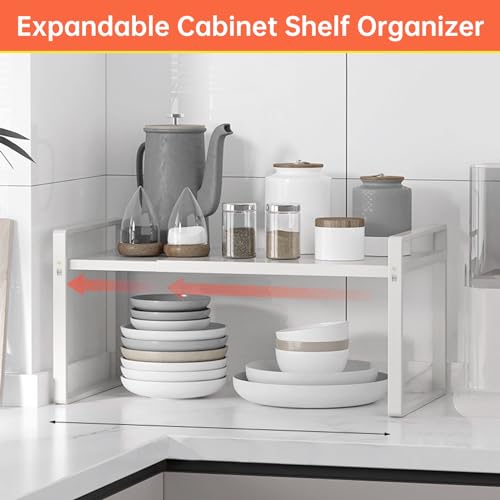 Expandable Cabinet Shelf Organizer Rack 9 inch, Pantry Organizer Lengthen from 14” to 25” ， Large Kitchen Cabinet Storage Shelf Rack， Storage Organizer white，Spice Rack Expandable Shelves, - color: 9" wide ( 1 PACK)