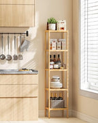 SONGMICS Bamboo Storage Shelf, 5-Tier Shelving Unit, Multifunctional, in the Entryway, Bathroom, Living Room, Balcony, Kitchen, 13 x 13 x 57.5 Inches, Light Bamboo UBCB55Y - color: Light Bamboo, size: 5 Tiers (13"D x 13"W x 57.5"H)