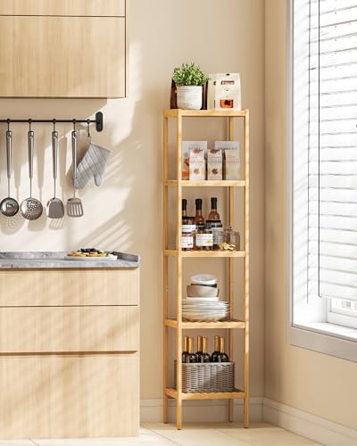 SONGMICS Bamboo Storage Shelf, 5-Tier Shelving Unit, Multifunctional, in the Entryway, Bathroom, Living Room, Balcony, Kitchen, 13 x 13 x 57.5 Inches, Light Bamboo UBCB55Y - color: Light Bamboo, size: 5 Tiers (13"D x 13"W x 57.5"H)