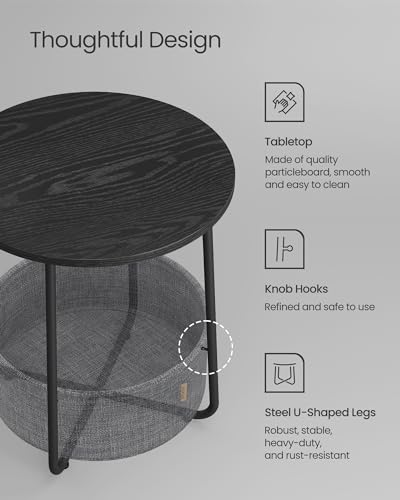 VASAGLE LILEA Collection - Small Round Side End Table, Modern Nightstand with Fabric Basket, Ebony Black and Slate Gray ULET223B01 - color: Ebony Black + Slate Gray, size: Round + 1 pack