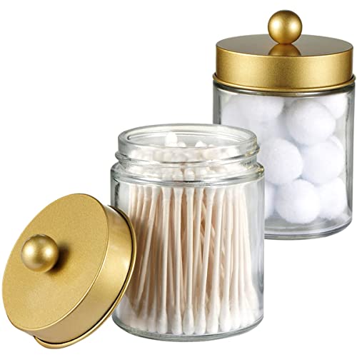 Amolliar 4 Pack Apothecary Jars Bathroom Vanity Storage Organizer Set -Countertop Canister with Stainless Steel Lids &Cute Stickers - Qtip Dispenser Holder for Qtips,Cotton Swabs,Makeup Sponges(Gold) - color: Gold