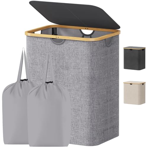 Lifewit 120L Laundry Basket with Lid, Clothes Hampers for Laundry with Bamboo Handles and 1 Removable Bag, Large Foldable Laundry Hamper for Bedroom, Bathroom, Dorm, Laundry Room, Light Gray - color: Light Gray, size: 120L