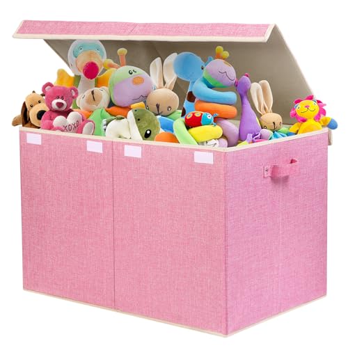 122L Large Toy Box Chest with Lid, Foldable Toy Storage Organizer Bin Boxes with Removable Divider for Kids, Boys, Girls, Nursery, Playroom, 26"x17" x17"(Linen Pink) - color: Extra Large Pink