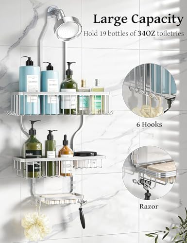 YASONIC Never-Rust Aluminum Hanging Shower Caddy – Over-the-Showerhead Organizer with 10 Hooks for Razor and Sponge – Includes Soap Basket – Silver - color: Silver