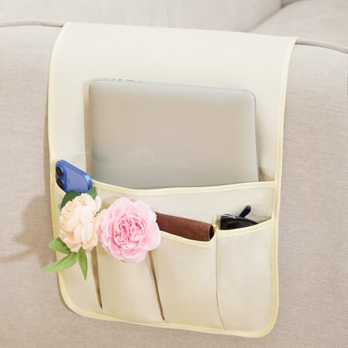 Sofa Armrest Organizer Non-Slip Arm Chair Hanging Caddy Remote Control Holder for Magazine,Tablet, Phone, Books, Glasses(Beige,13in) - color: Beige, size: 35"x13"