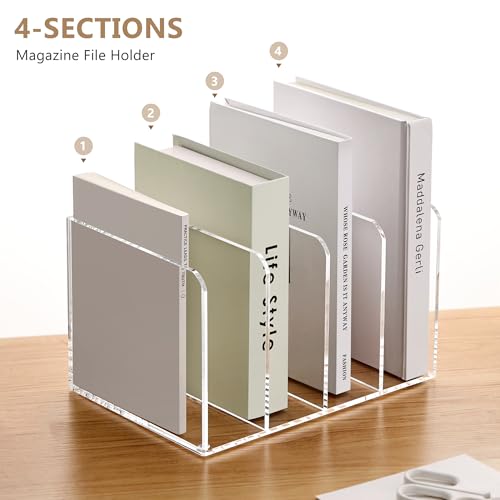 SANRUI Acrylic Magazine Holder Desk Organizer Workspace Sorters，Clear Bookend File Sorter Holder,Folder Rack, Office Accessories Organization Storage with 4 Vertical Compartments - style: B5 File Rack (4 slots)
