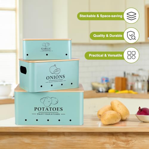 Kitchen Vegetable Storage Set of 3, Metal Onion Garlic Potato Storage Set, Kitchen Canisters Vegetable Keeper Containers with Aerating Holes and Wooden Lid (Blue) - color: Blue