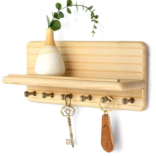 Rebee Vision Decorative Key Holder Wall Mount – Farmhouse 11-Inch Pine Wooden Key Holder for Wall with 6 Hooks & Floating Shelf - Chic and Functional Home Decor Solution (Natural Wood) - color: Natural Wood, size: Medium-11inch