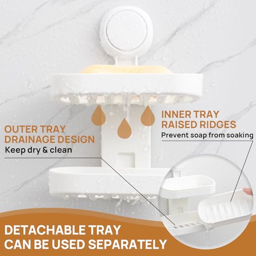 LEVERLOC Soap Dish Holder for Shower, Double Layer Suction Cup Wall Mounte Self Draining Removable Waterproof Strong Suction Bar Soap Holder for Shower, White - style: 2 tiers White