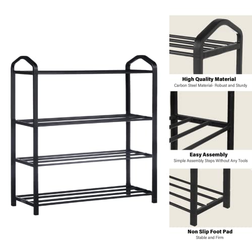 YSSOA 4-Tier Stackable Shoe Rack, 12-Pairs Sturdy Shoe Shelf Storage, Black Shoe Tower for Bedroom, Entryway, Hallway, and Closet - size: 24 x 08 x 24, 4-Shelf