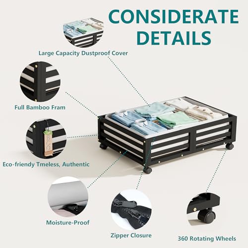 Wisuce Bamboo Under Bed Storage Containers- Underbed Organizer with Wheels with Dust Bag,Sturdy Wood Rolling Under the Bed Shoe Storage Organizer Drawers (Black, 2 Pack (23.62"×16.54")) - color: Black, size: 2 Pack (23.62"×16.54")