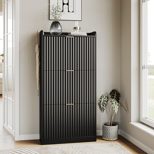 Black Fluted Shoe Cabinet with 3 Flip Drawers, Narrow Shoe Storage Cabinet for Entryway, Freestanding Shoes Rack Organizer Cabinets with Adjustable Shelves for Entryway, Hallway - color: Black, size: 3-Drawers