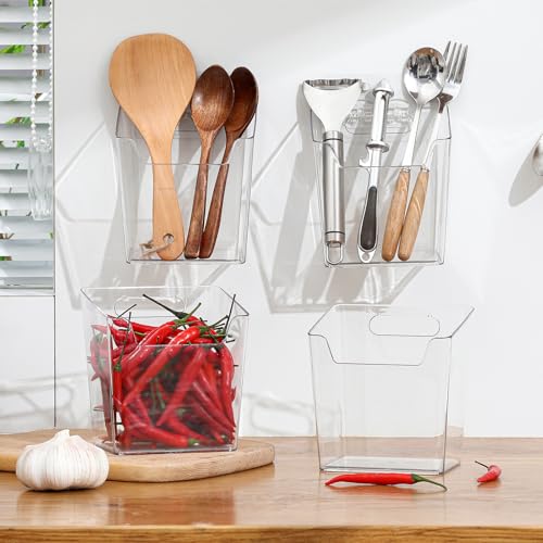 Clear Acrylic Pen Holder, 4 Pack Cabinet Door Organizer Adhesive, Bathroom Wall Mount Caddy Kitchen Plastic Storage Bin Box for Office Marker,Art Supply, Small Cleaning Supply, Seasoning Drink Packet - color: 4 Pack, size: Medium