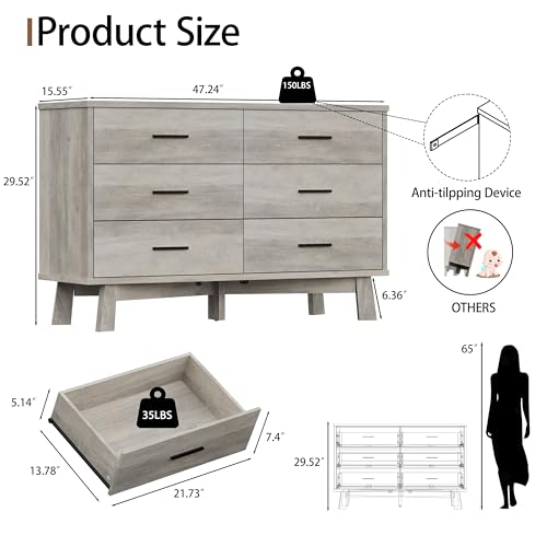 Xixini Dresser for Bedroom, 6 Drawer Wide Modern Chest of Drawers with X-Shaped Sturdy Base, Wood Double Dresser Closet Clothes Storage Organizer, Wooden TV Stand for Living Room, Hallway, Grey - color: Grey, size: 15.6"D x 47.2"W x 29.5"H (6 Drawers)