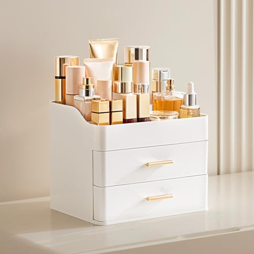 HBlife Makeup Organizer for Vanity with 2 Drawers, Large Bathroom Countertop Cosmetics Organizer Skin Care Storage, Easy to Store Lipsticks, Nail Polishes, Perfumes, Eyeshadow Palettes, All White - color: All White