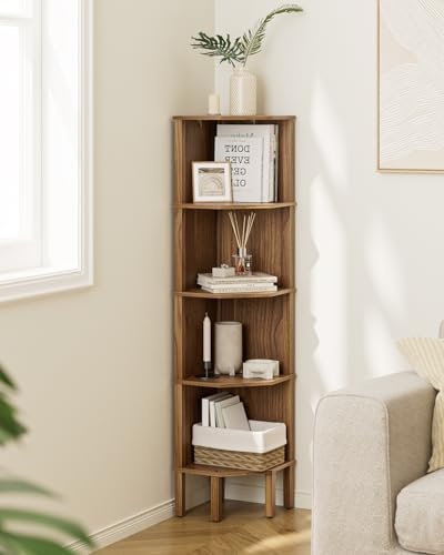 Corner Shelf, 5 Tier Corner Bookshelf, Display Corner Shelf Stand with Storage Rack, Wall Corner Bookshelf for Living Room, Bedroom, Office, Walnut - color: Walnut Without Light