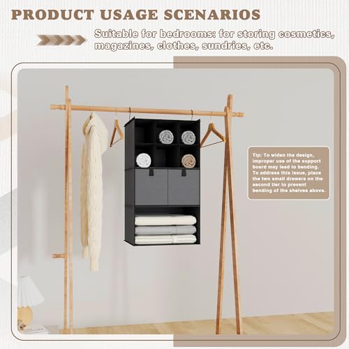 Hanging Closet Organizer 4 Shelves, 2 Drawers Closet Organization and Storage, 6 Compartments Wardrobe Clothes Organizer, Dark Gray