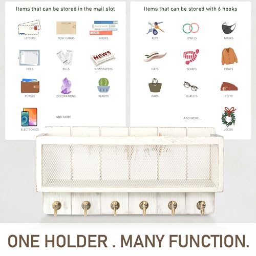 Rebee Vision Pine Wooden Key Holder Wall Mount with Mail Organizer Basket – Rustic Farmhouse Wall Decor for Living Room – Vintage Key Rack & Storage Organizer for Home Essentials (Whitewash) - color: Whitewash