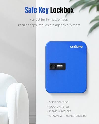Uniclife 20 Keys Key Lock Box with Code, Wall Mount Lock Box for Keys with Code, Key Organizer with Tags, Key Cabinet, Key Storage Box for Home Office & Company, Blue - color: Blue, size: 20 Keys