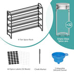 Simple Trending Spice Rack Organizer with 32 Empty Spice Jars, 64 Spice Labels, Chalk Marker and Funnel Set for Cabinet, Countertop, Kitchen, Pantry or Wall Mount, Black