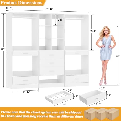 Homieasy Closet System Organizer of 3 sets, Wardrobe Closet with 5 Drawers and Partition Storage, 2 Pants Rack, 2 Hanging Rods, Freestanding Closet Organizer for Bedroom & Walk-in Closets, White