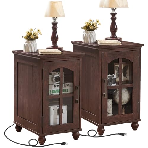 Narrow Side Table Set of 2,Farmhouse Nightstand with Charging Station,End Table with Glass Barn Door Storage, Cabinet Organizer with Adjustable Shelf, Night Stand for Small Spaces Living Room Bedroom - color: Retro Walnut, size: Set 2