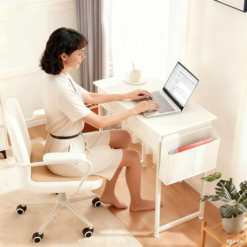 DUMOS 48" Small Computer Home Office Desk for Bedroom with Drawers, Gaming Writing Study Table with Storage Shelf, Adjustable Feet, Metal Frame Natural White - color: Natural White, size: 48-In