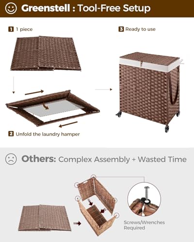 Greenstell Laundry Hamper with Wheels, No Install Needed, 110L Divided Handwoven Hampers & 2 Removable Liner Bags, Rattan Clothes Laundry Basket with Lid & Handles, Foldable Hampers Brown 22x13x26.4In - color: Brown, size: 110L: 22.0x13.5x26.4 Inches