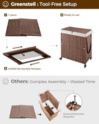 Greenstell Laundry Hamper with Wheels, No Install Needed, 110L Divided Handwoven Hampers & 2 Removable Liner Bags, Rattan Clothes Laundry Basket with Lid & Handles, Foldable Hampers Brown 22x13x26.4In - color: Brown, size: 110L: 22.0x13.5x26.4 Inches