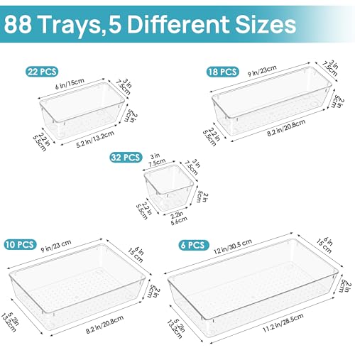 Vtopmart 88PCS Clear Plastic Drawer Organizers Set, 5-Size Versatile Bathroom Drawer Organizer Trays, Storage Bins for Makeup, Vanity, Kitchen Gadgets Utensils and Office
